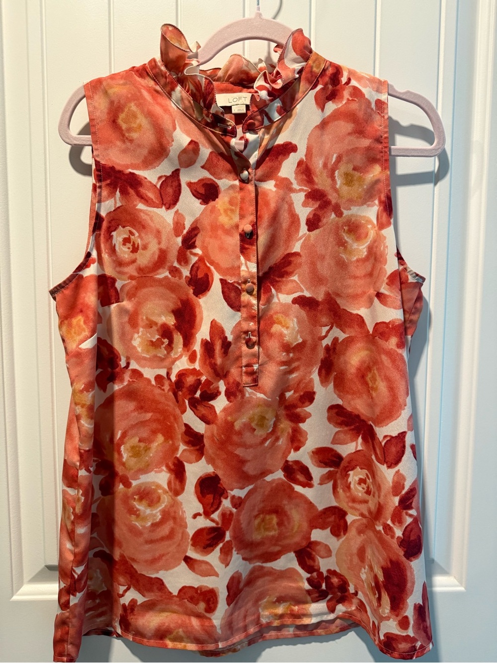 LOFT Coral and White Floral Ruffle-Neck Sleeveless Blouse